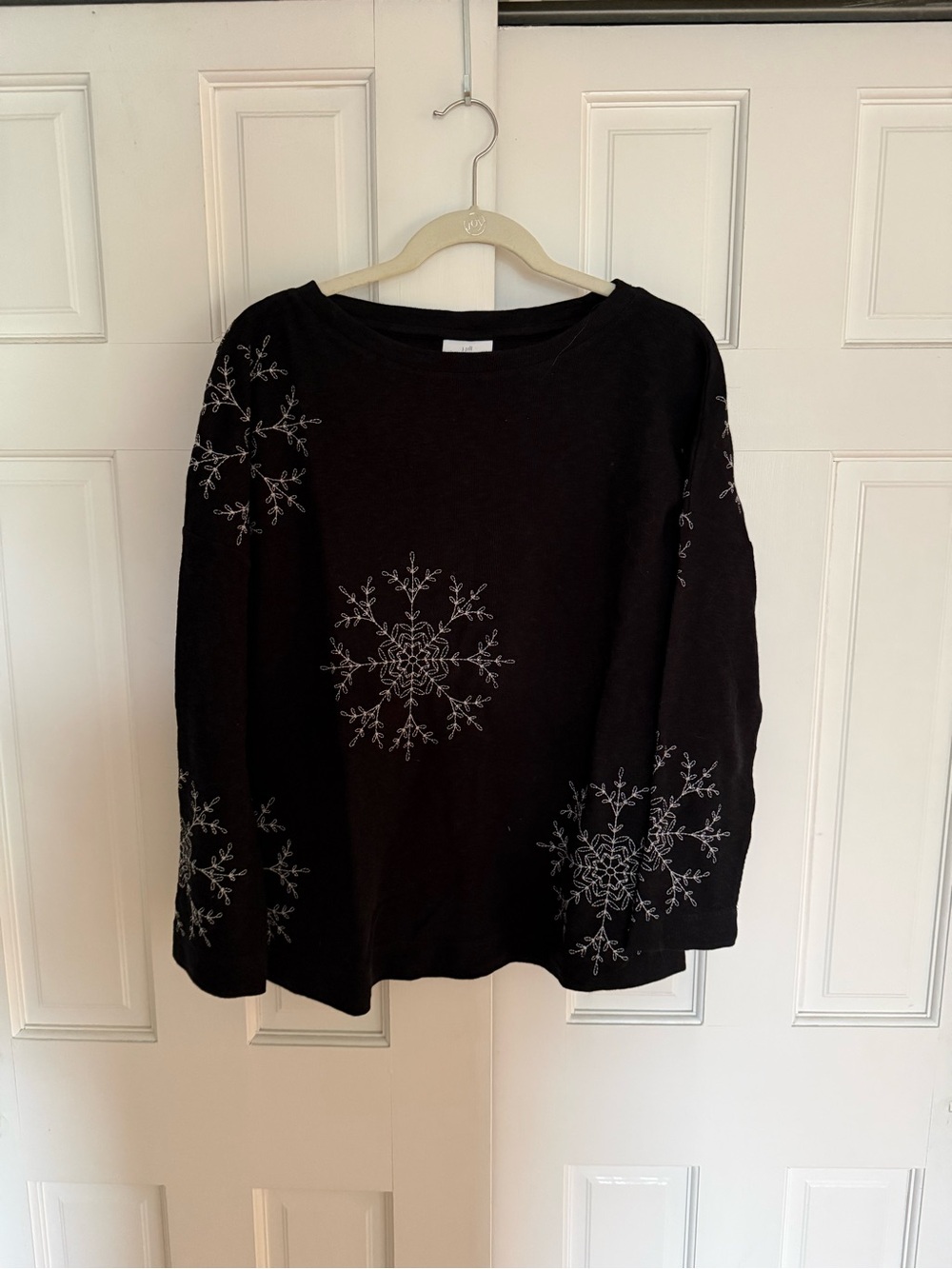 J. Jill Black Sweatshirt with White Snowflake Embroidery